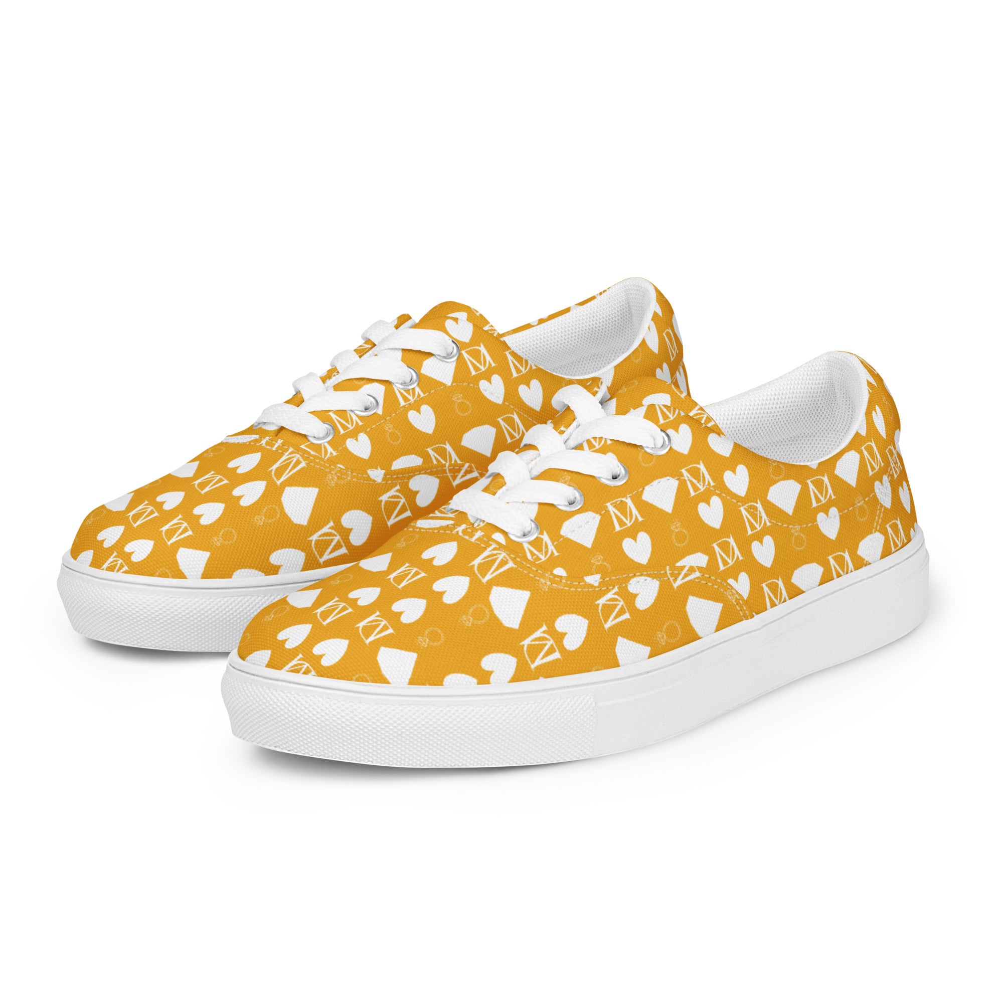 White lace-up canvas shoes for women featuring frosted diamond details by Daemon Luxury, shown from front-left angle.