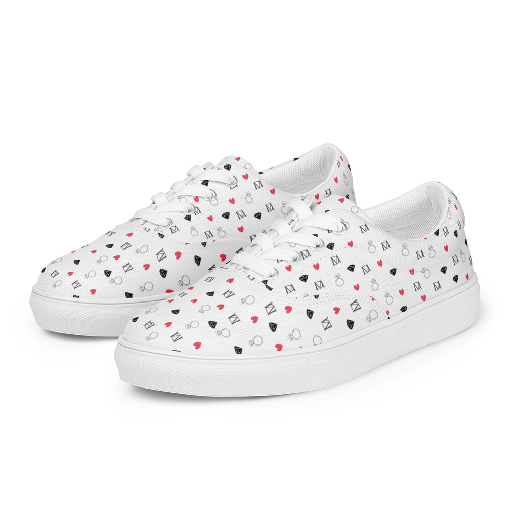 White women's lace-up canvas shoes featuring speckled diamond art design by Daemon Luxury, shown from front left angle.