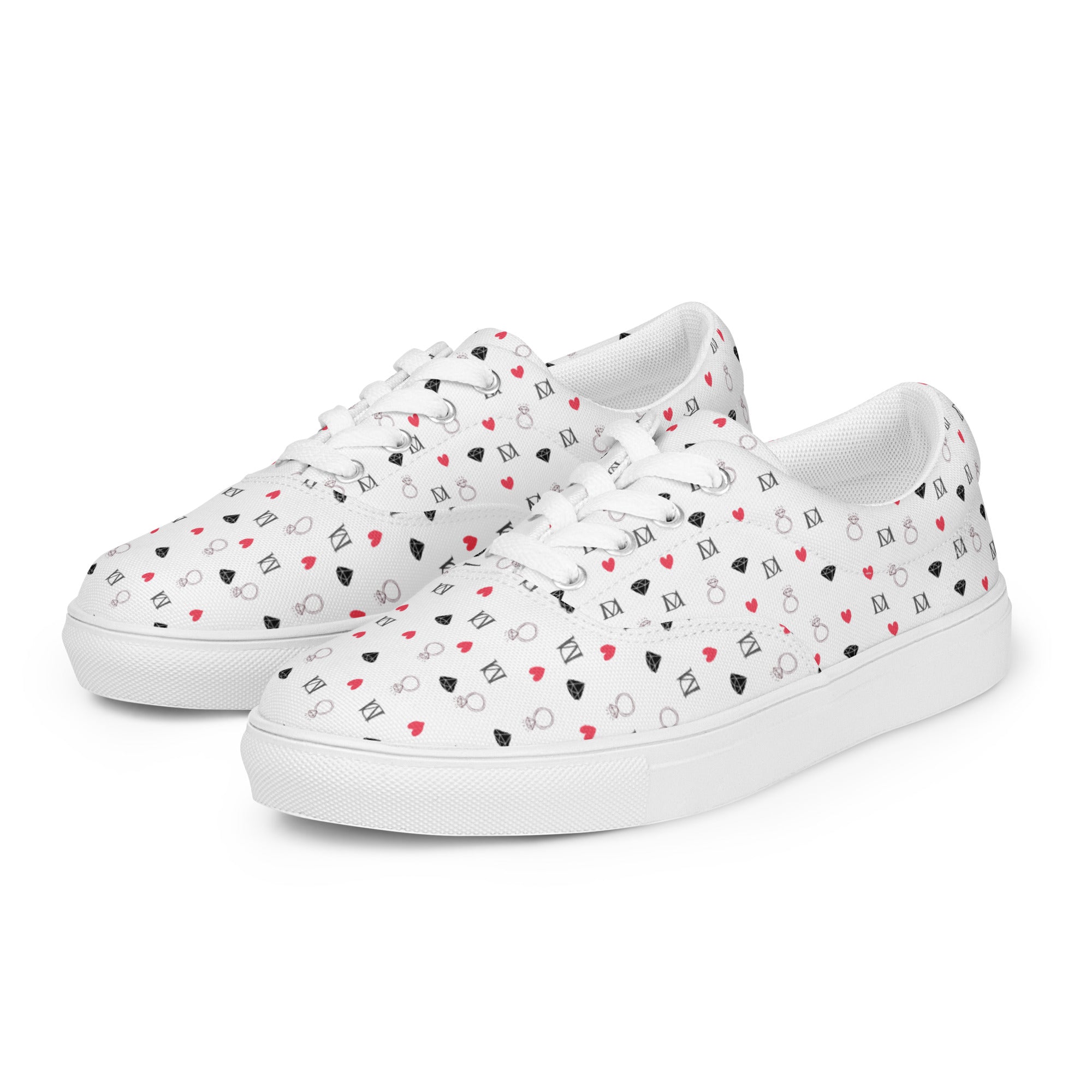 White women's lace-up canvas shoes featuring speckled diamond art design by Daemon Luxury, shown from front left angle.