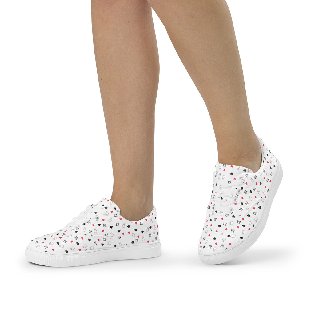 White lace-up canvas shoes for women with speckled diamond design from Daemon Luxury's Artica Blizzard Female collection.