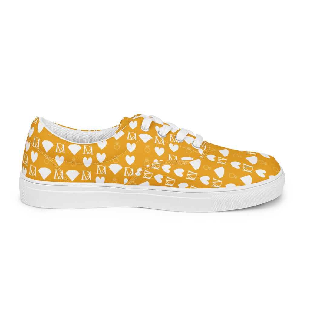White women's lace-up canvas shoes featuring frosted diamond pattern from Daemon Luxury, shown from inside left view.