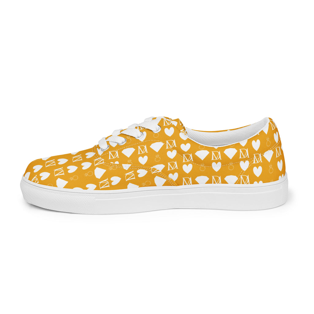 White lace-up canvas shoes for women with frosted diamond accents by Daemon Luxury, shown from the left outside view.