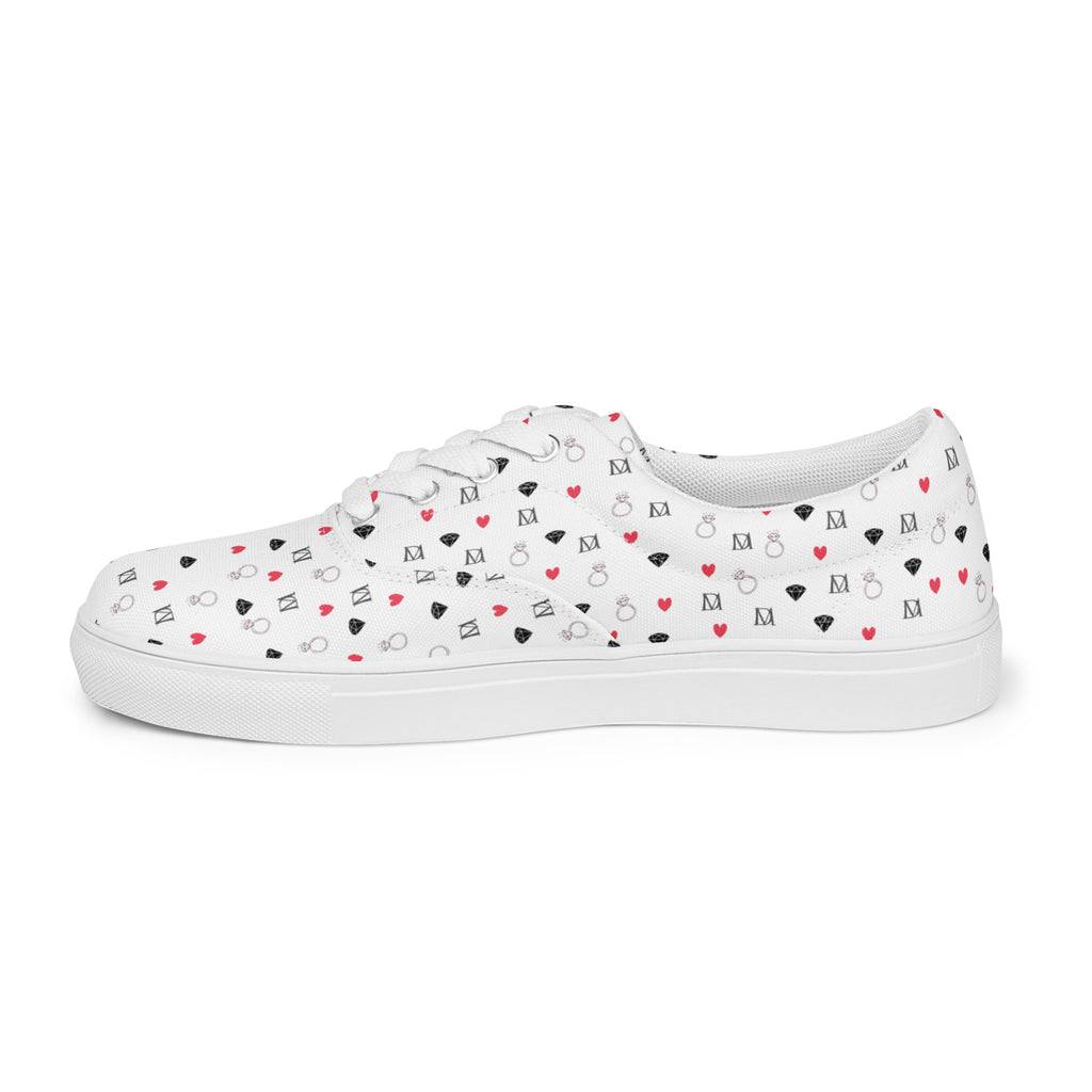 White lace-up canvas shoes featuring speckled diamond pattern from Daemon Luxury's Artica Blizzard Females collection.