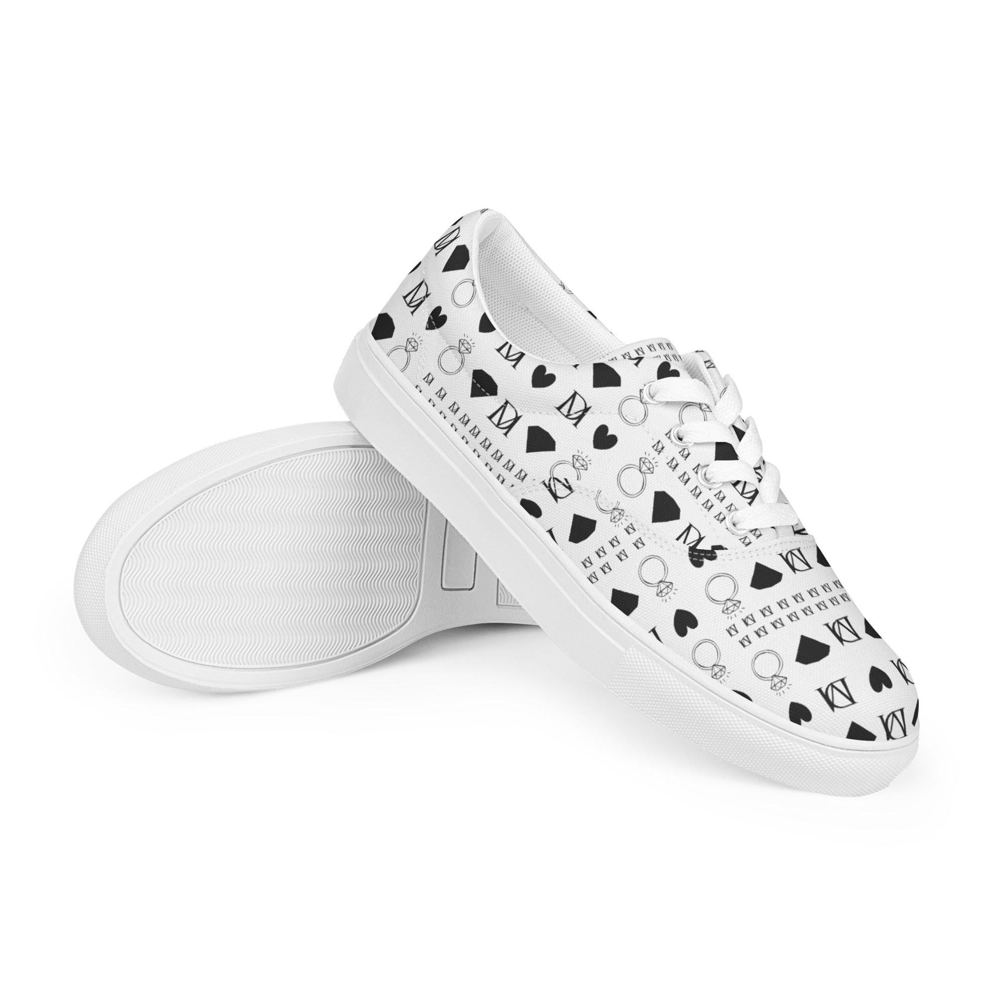 White women's lace-up canvas shoes from Daemon Luxury's Dim Diamonds Artica Blizzard collection, shown from the front right side.