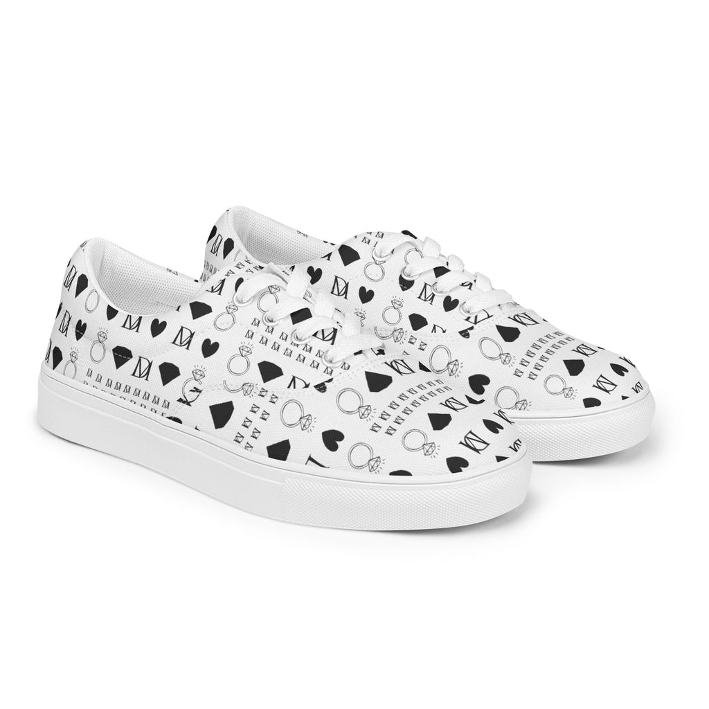 White lace-up canvas shoes for women from Daemon Luxury's Dim Diamonds Artica Blizzard collection, shown from front right angle.