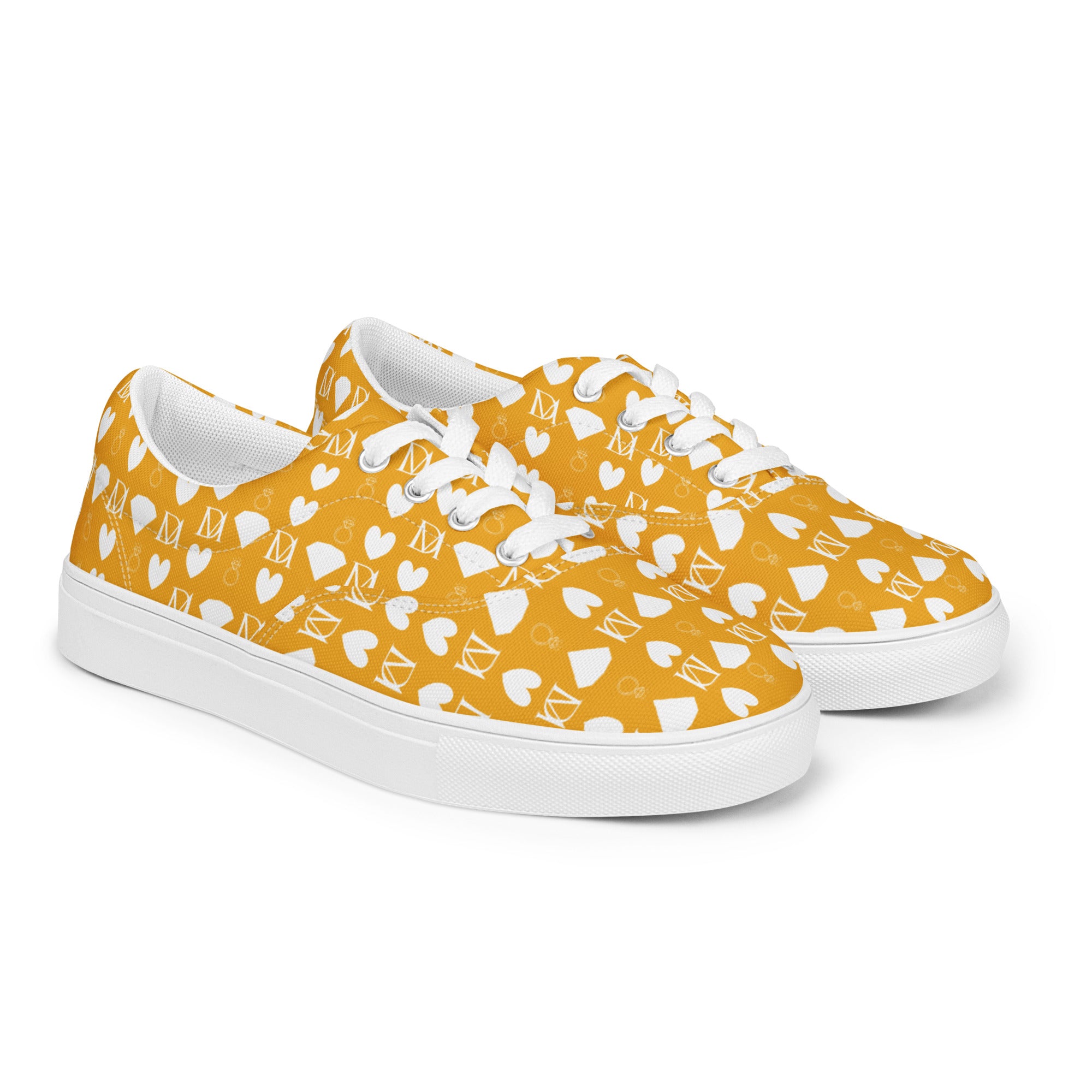 White lace-up canvas shoes for women featuring frosted diamond details by Daemon Luxury, shown from the front right side.