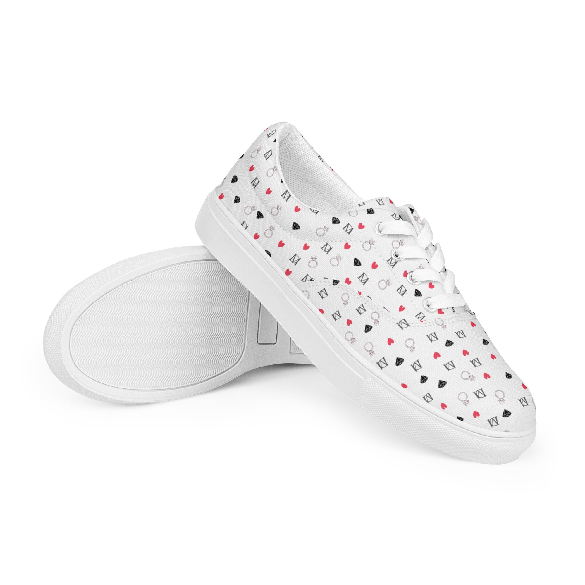 White lace-up canvas shoes from Daemon Luxury's Speckled Diamonds Artica Blizzard Female collection, front view.