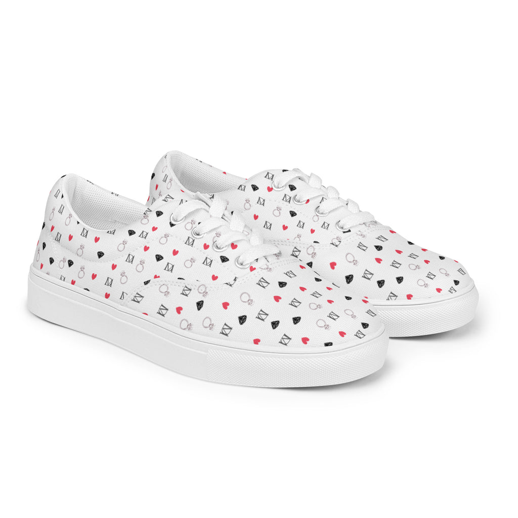 White lace-up canvas shoes featuring speckled diamond pattern from Daemon Luxury's Artica Blizzard Female collection.