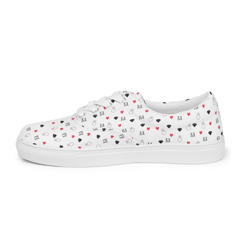 White lace-up canvas shoes featuring speckled diamond details from Daemon Luxury's Artica Blizzard Female collection.