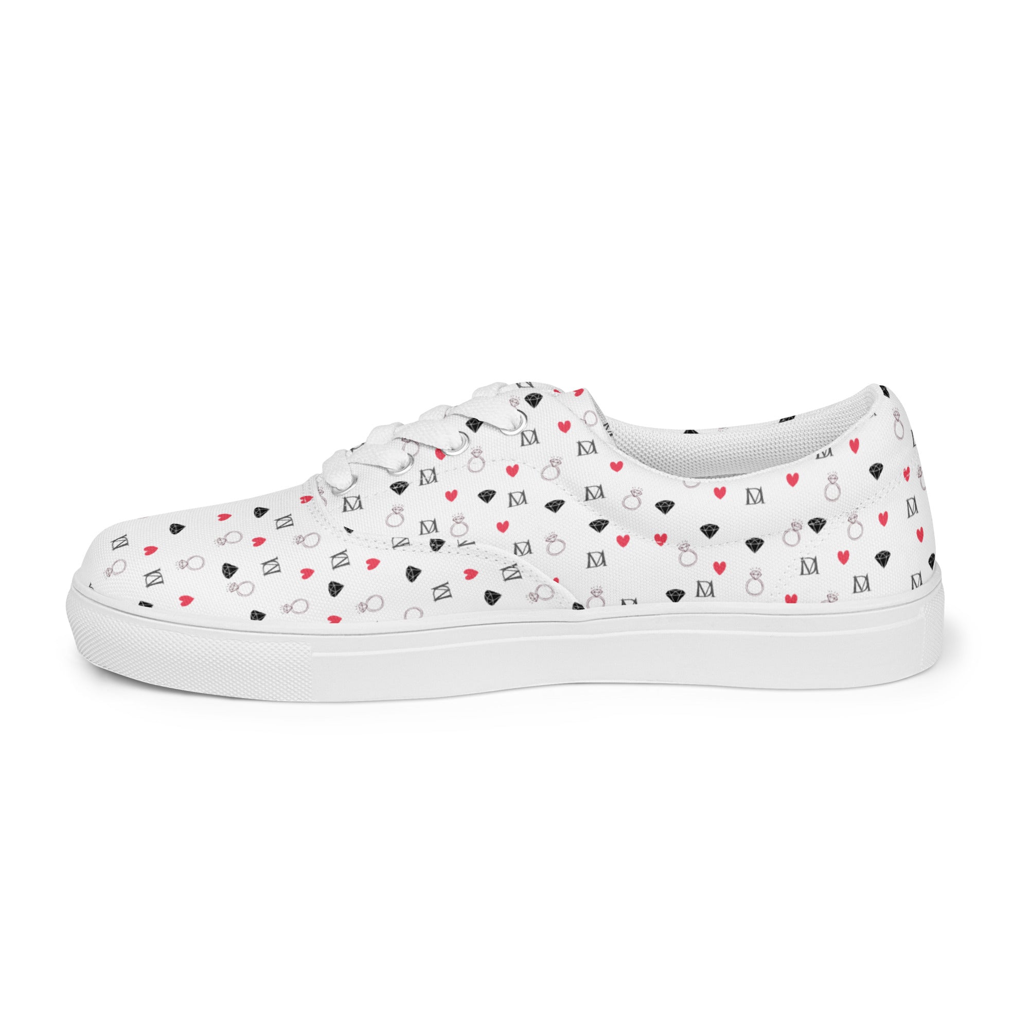 White lace-up canvas shoes featuring speckled diamond details from Daemon Luxury's Artica Blizzard Female collection.