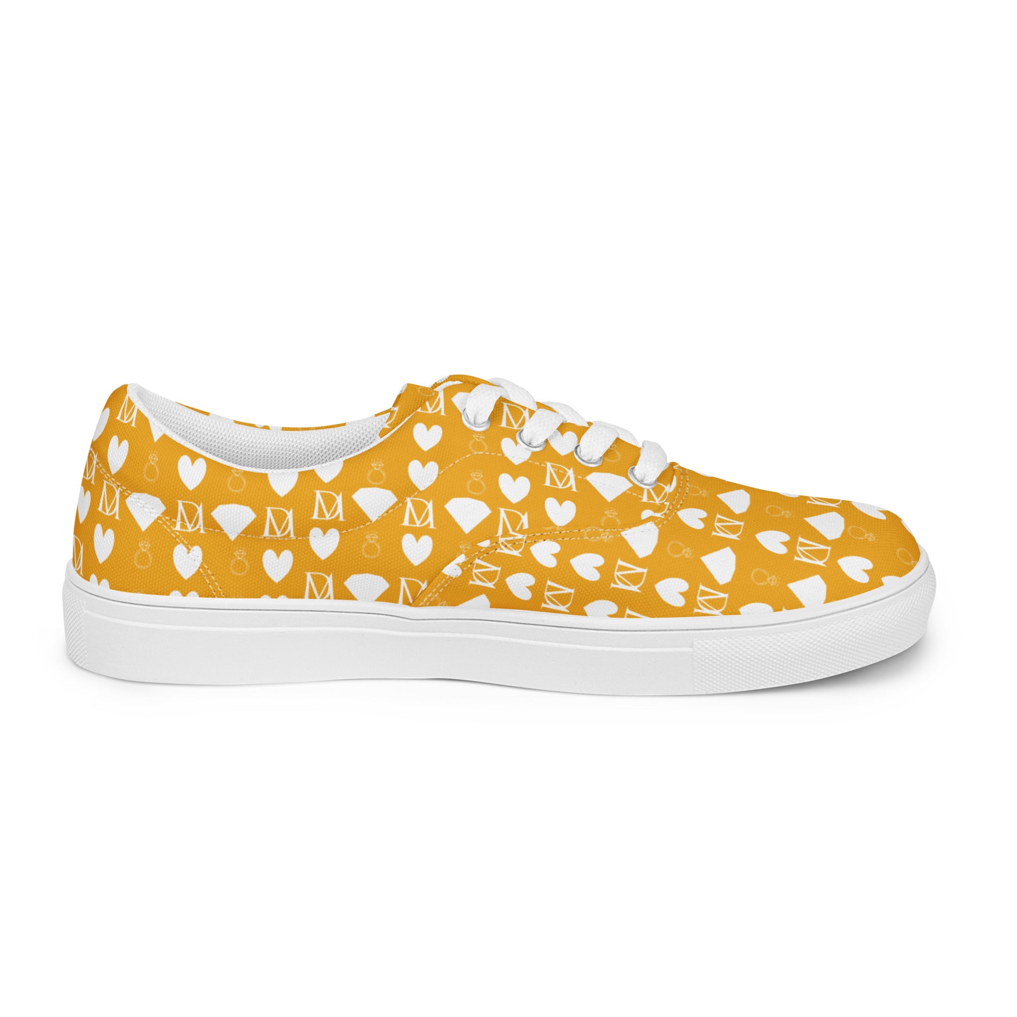 White lace-up canvas shoes for women with frosted diamond detailing by Daemon Luxury, shown from the right outside view.