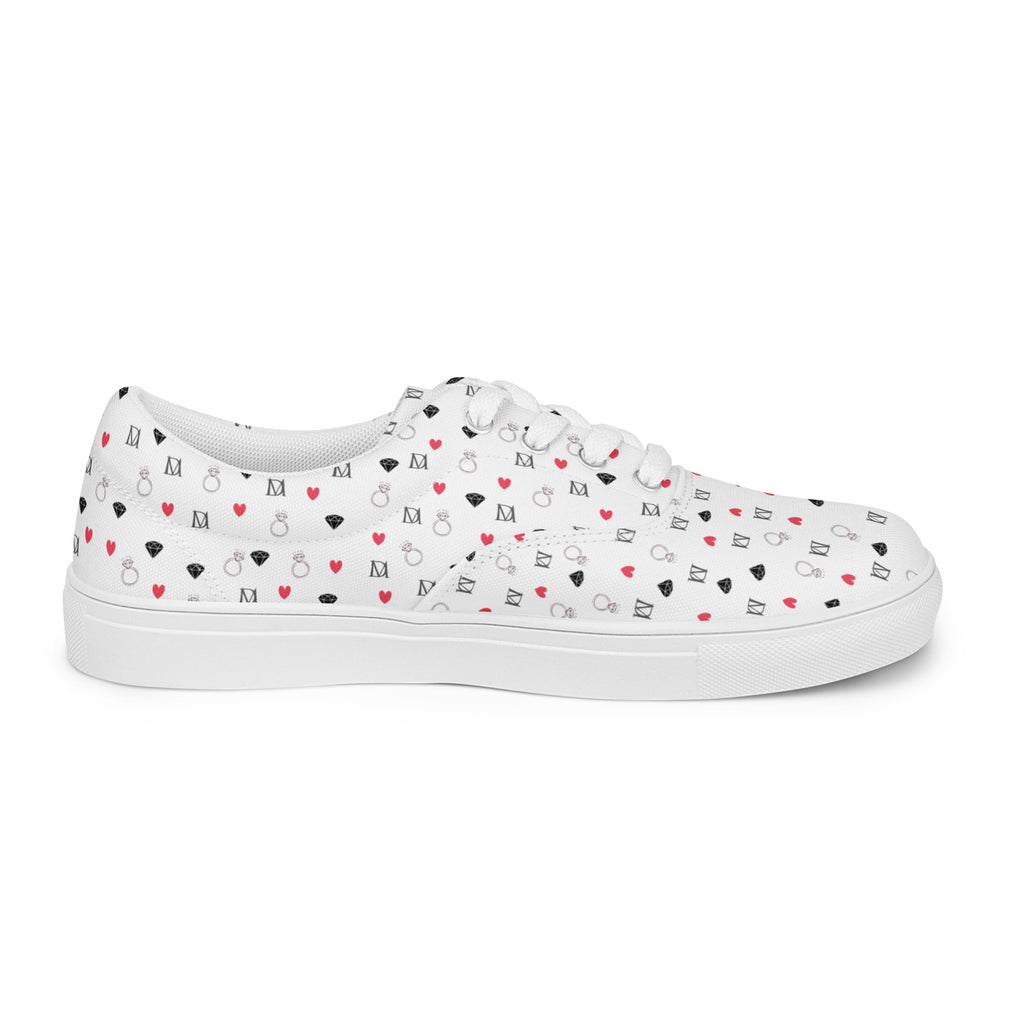 White lace-up canvas shoes featuring speckled diamond patterns from Daemon Luxury's Artica Blizzard female collection.