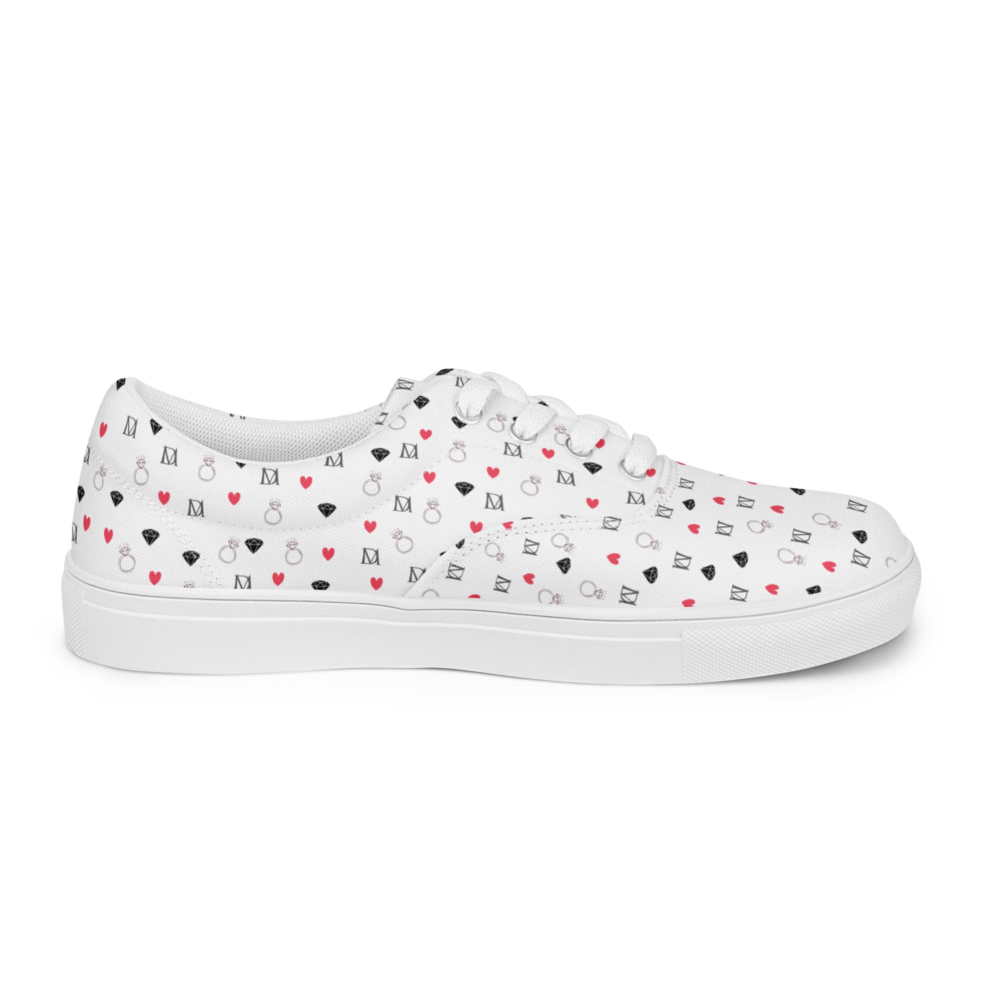 White lace-up canvas shoes featuring speckled diamond patterns from Daemon Luxury's Artica Blizzard female collection.
